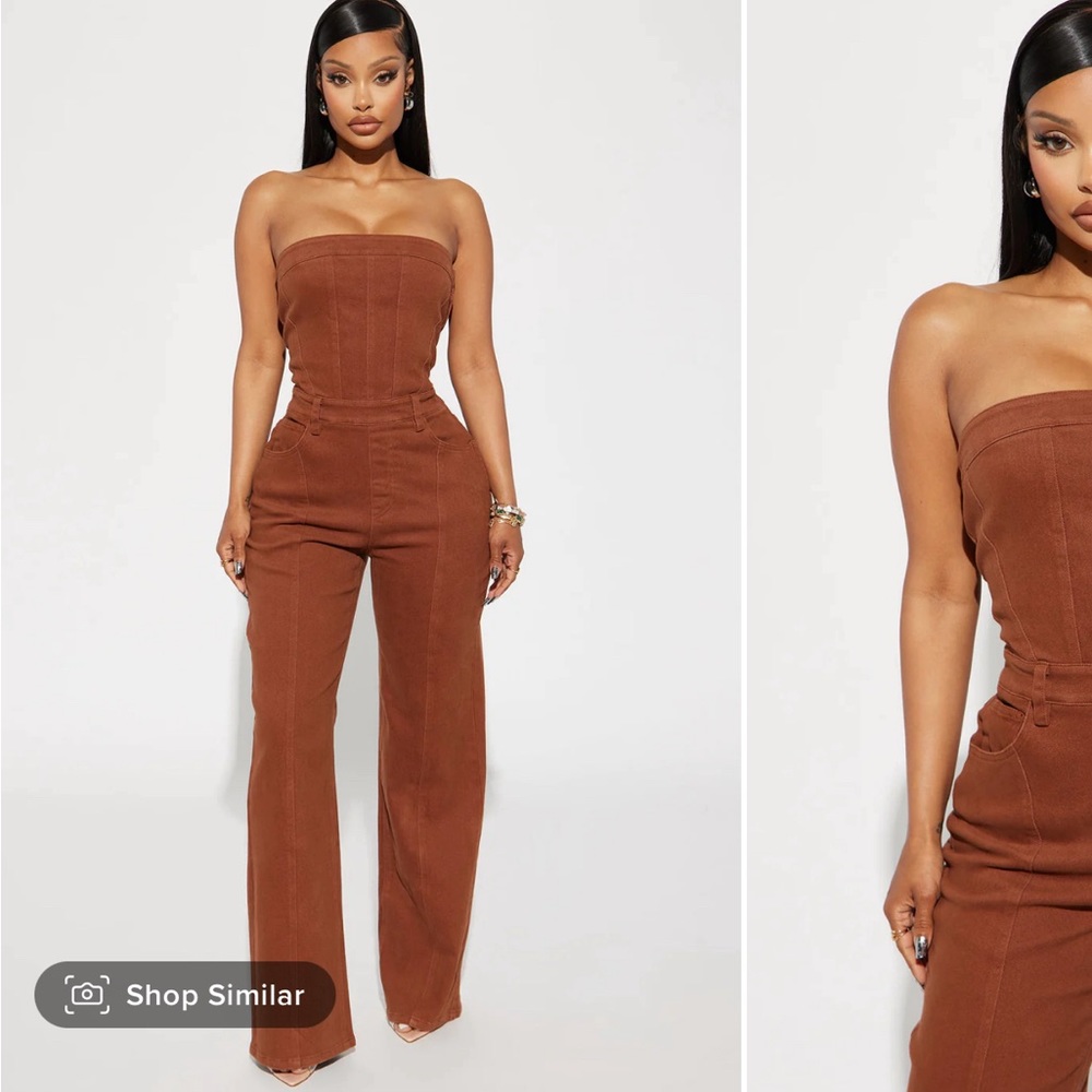 Fashion nova brown denim jumpsuit